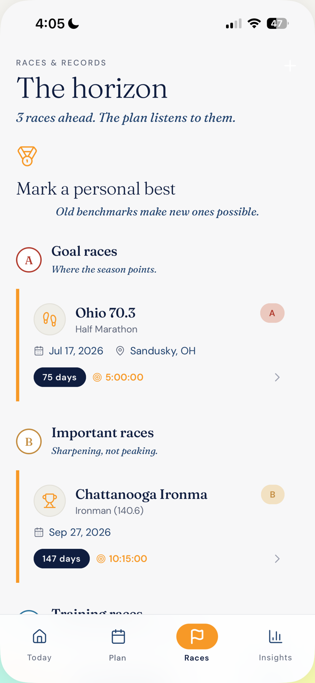 Target races screen showing A, B and C goal races with countdowns